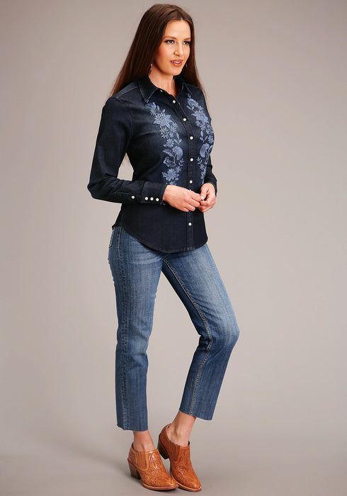 Stetson Womens Boyfriend Fit Blue 76% Cotton/23% Polyester/1% Spandex L/S Blouse