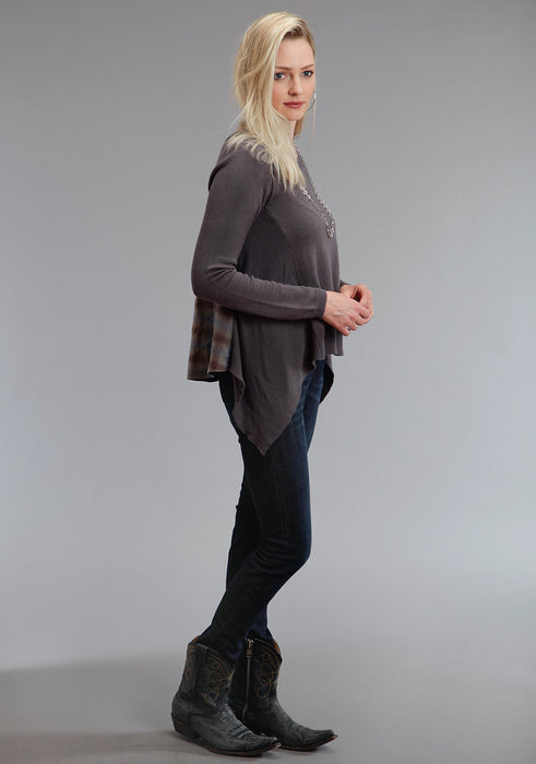 Stetson Womens 758 Plaid Peasant Grey/Brown Cotton Blend L/S Tunic