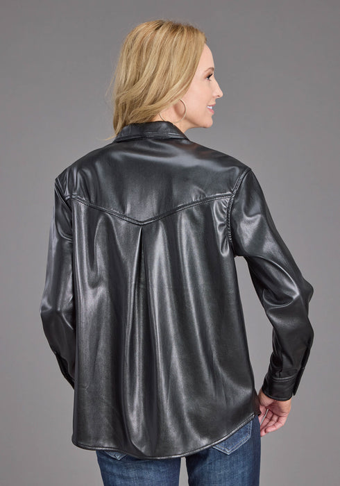 Stetson Womens Oversized Box Pleat Black Faux Leather L/S Shirt