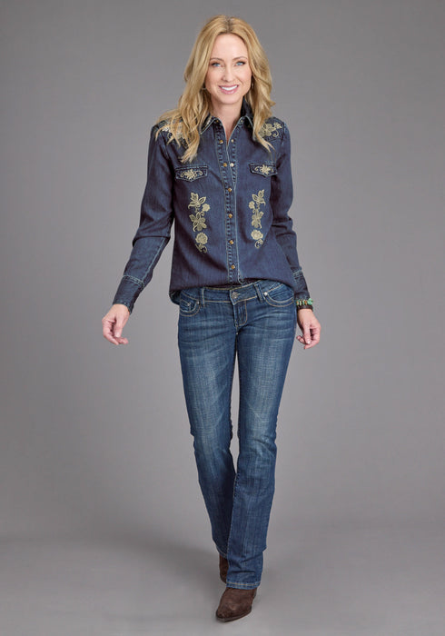 Stetson Womens Floral Embroidery Dark Denim Tencel/Rayon L/S Shirt