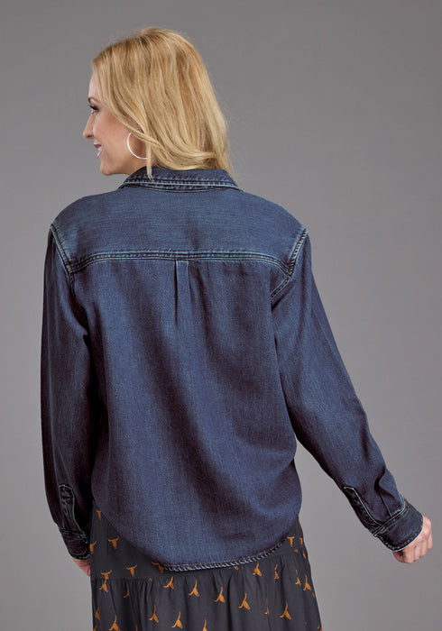 Stetson Womens Collared Oversized Dark Blue Tencel/Rayon L/S Shirt