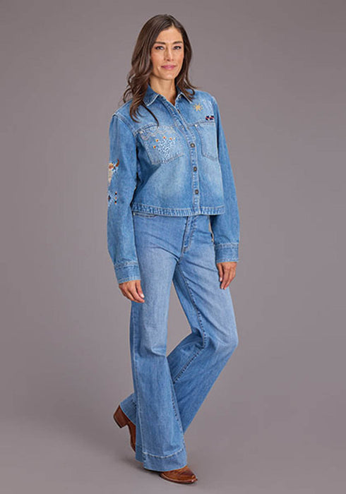 Stetson Womens Embroidered Crop Denim Medium Blue Cotton Blend L/S Blouse
