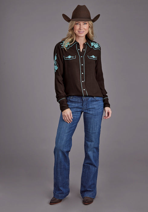 Stetson Womens Floral Retro Western Brown 100% Rayon L/S Shirt