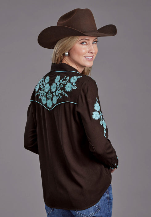 Stetson Womens Floral Retro Western Brown 100% Rayon L/S Shirt