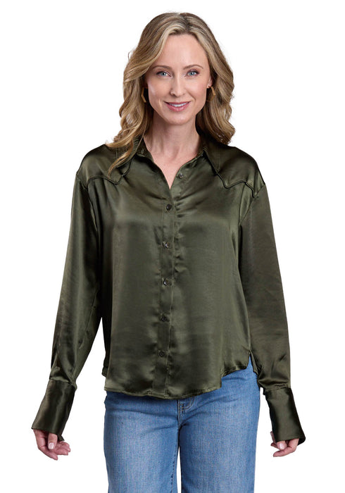 Stetson Womens Satin Collared Yoked Olive 100% Polyester L/S Blouse