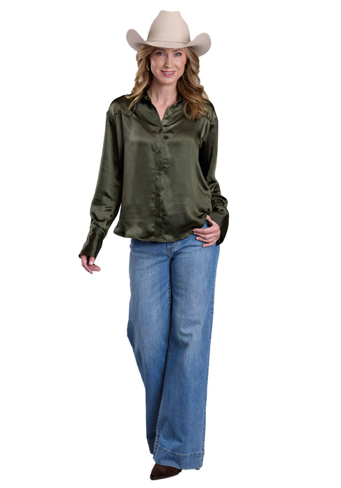 Stetson Womens Satin Collared Yoked Olive 100% Polyester L/S Blouse