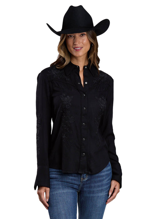 Stetson Womens Solid Floral Embroidered Black 100% Rayon L/S Shirt