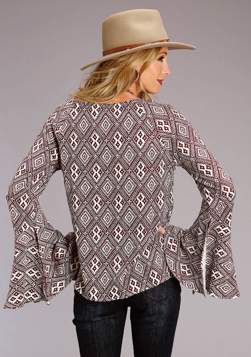 Stetson Womens Aztec Print Wine/White 100% Rayon L/S Blouse