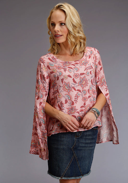 Stetson Womens Wildflower Herringbone Pink 100% Rayon S/S Blouse