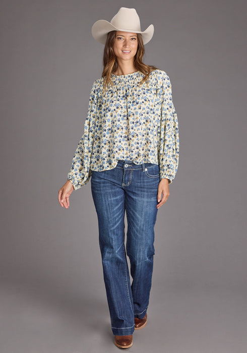 Stetson Womens Field Flower Peasant Blue 100% Rayon L/S Blouse