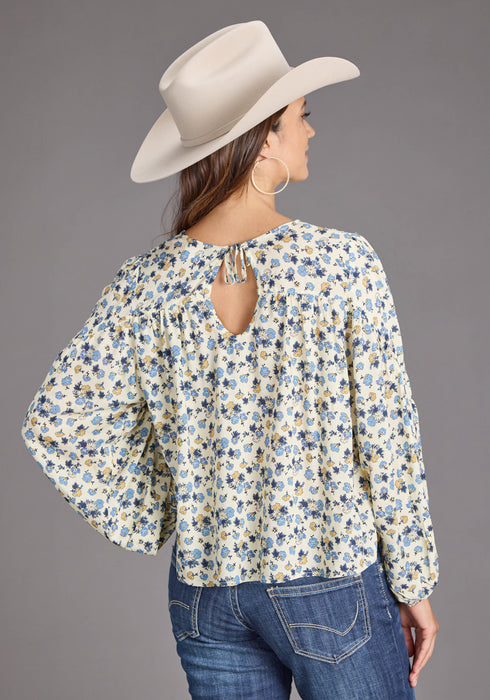 Stetson Womens Field Flower Peasant Blue 100% Rayon L/S Blouse