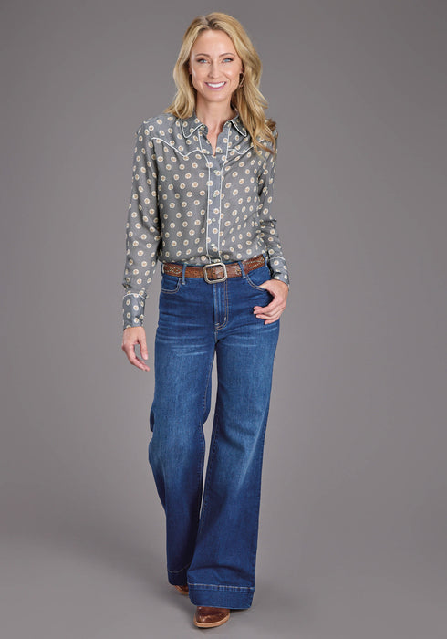 Stetson Womens 2440 Horse Pennies Grey 100% Rayon L/S Blouse
