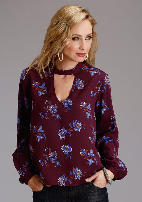 Stetson Womens Floral Herringbone Wine/Blue 100% Rayon L/S Blouse
