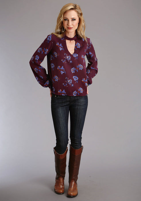 Stetson Womens Floral Herringbone Wine/Blue 100% Rayon L/S Blouse