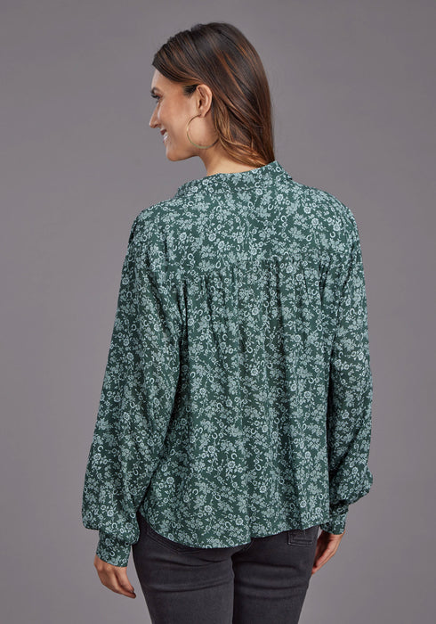 Stetson Womens Lucky Littl Floral Green 100% Rayon Button L/S Blouse
