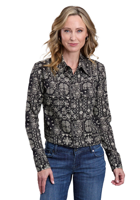 Stetson Womens Bandana Patchwork Black Lyocell L/S Blouse