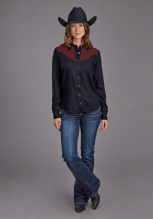 Stetson Womens Western Fancy Yoked Black/Wine 100% Rayon L/S Blouse