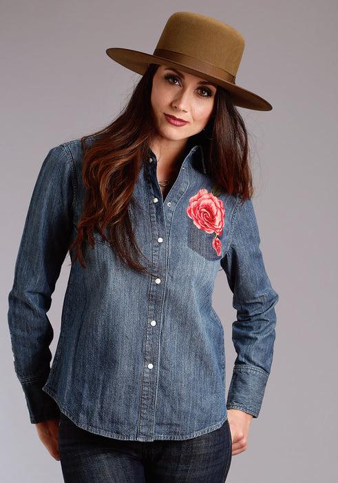 Stetson Womens Rose Boyfriend Fit Blue 100% Cotton L/S Shirt