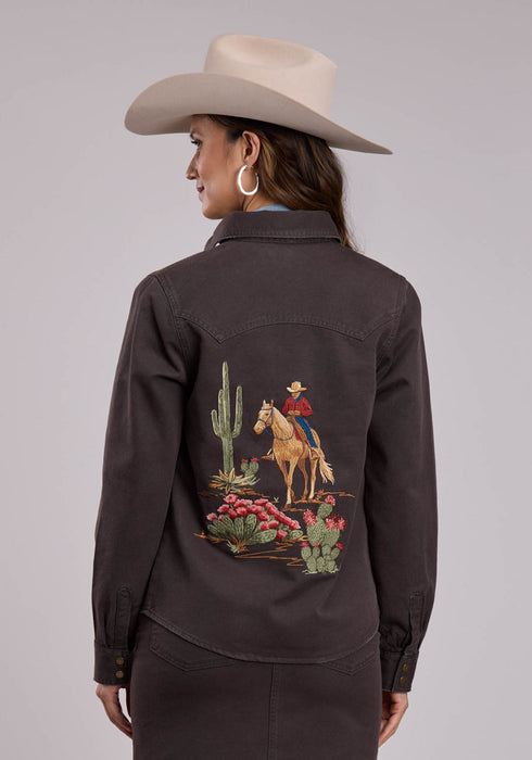 Stetson Womens Cowboy Rider Scene Chocolate Cotton Blend L/S Shirt
