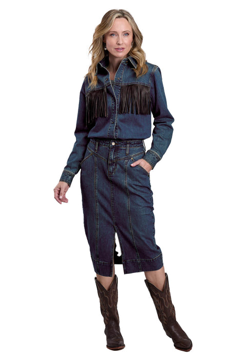 Stetson Womens Black Leather Fringe Denim Blue Cotton Blend L/S Shirt