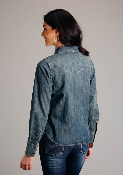 Stetson Womens Dirty Boyfriend Fit Blue Denim 100% Cotton L/S Shirt