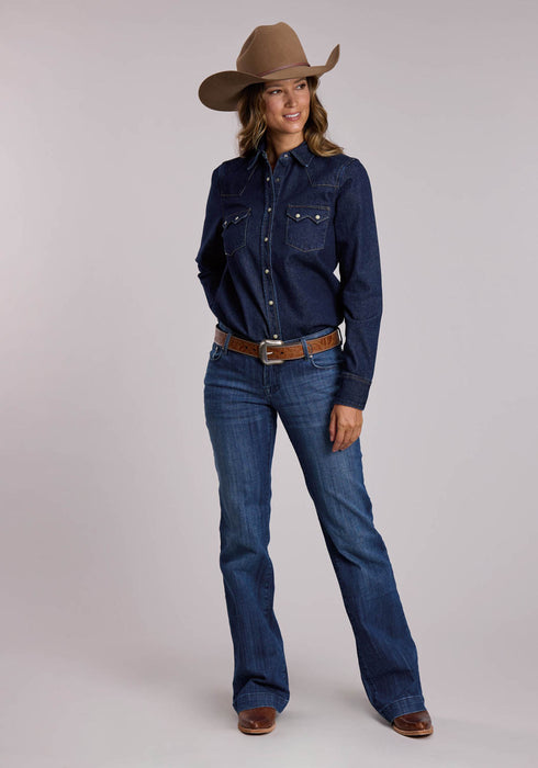 Stetson Womens Loose Fitting Raw Denim Blue 100% Cotton L/S Shirt