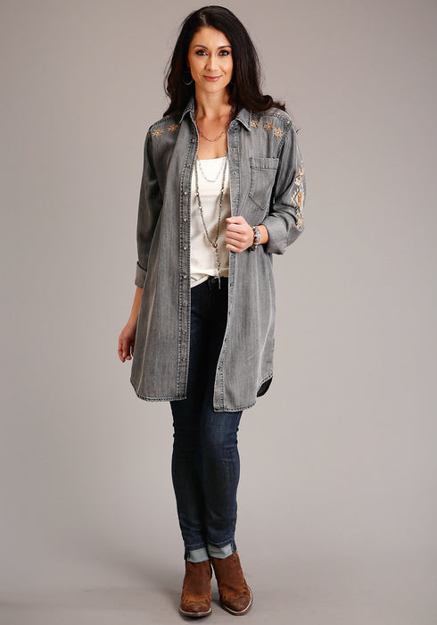 Stetson Womens Black Wash Denim Self Tie Snap L/S Western Dress