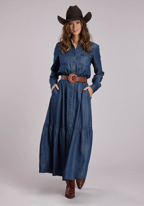 Stetson Womens 2 Tiered Western Dark Blue Lyocell L/S Dress