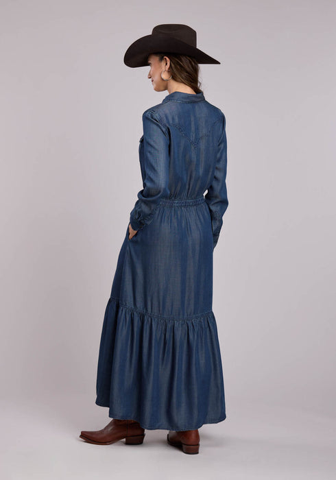 Stetson Womens 2 Tiered Western Dark Blue Lyocell L/S Dress