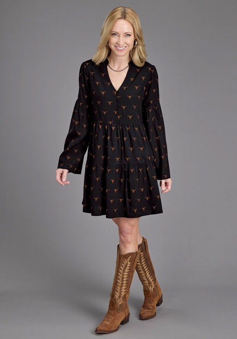 Stetson Womens Longhorn Mojave Print Black 100% Rayon L/S Dress
