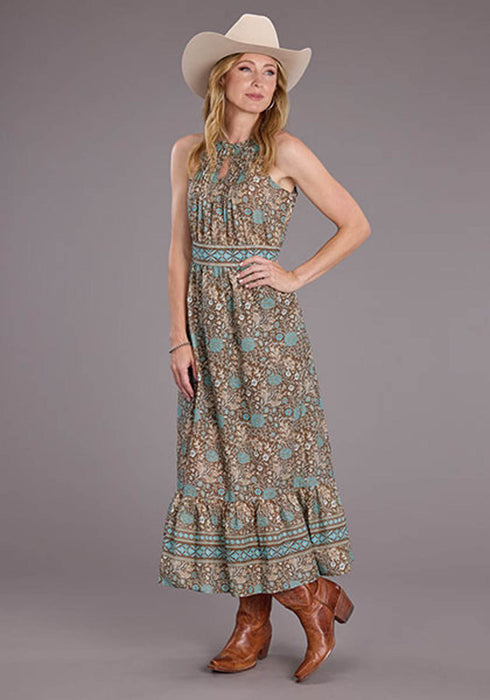 Stetson Womens Carnation Border Tan/Blue 100% Cotton S/L Dress