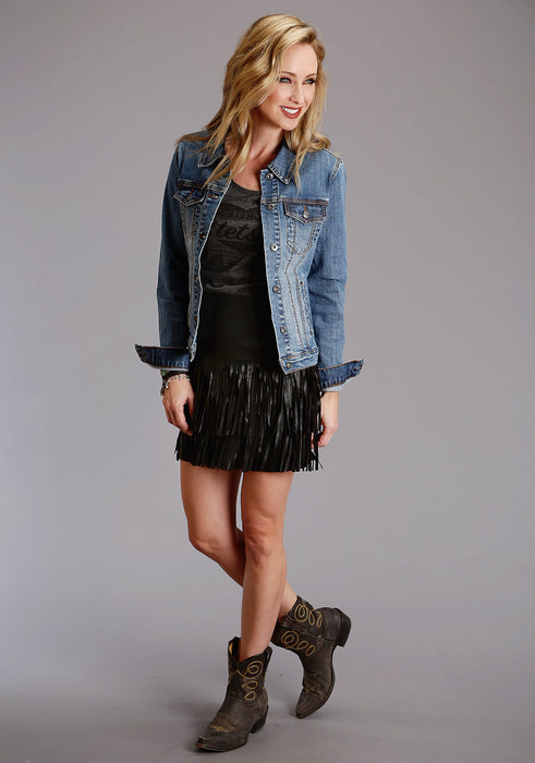 Stetson Womens Two Tier Fringe Black Lamb Leather Skirt