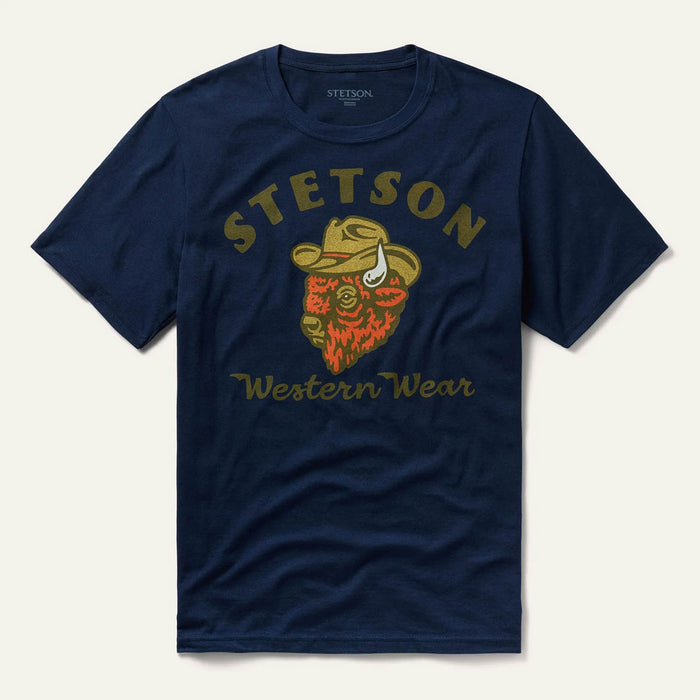 Stetson Unisex Bison With Cowboy Hat Navy 100% Cotton S/S T-Shirt