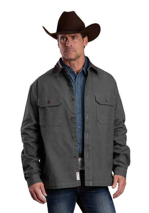 Stetson Mens Leather Collared Olive Cotton Blend Canvas Jacket