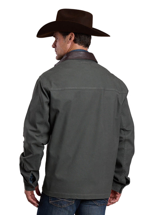 Stetson Mens Leather Collared Olive Cotton Blend Canvas Jacket