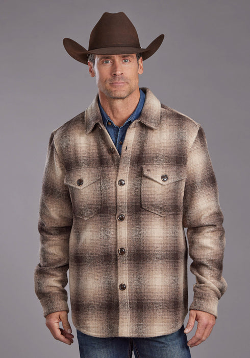Stetson Mens Western Plaid Shirt Brown/Tan 100% Wool Wool Jacket