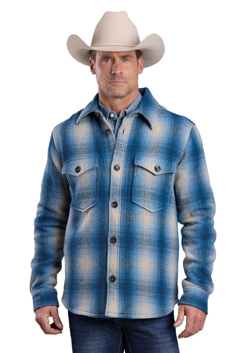 Stetson Mens Wooly Plaid Shirt Blue/White 100% Wool Wool Jacket