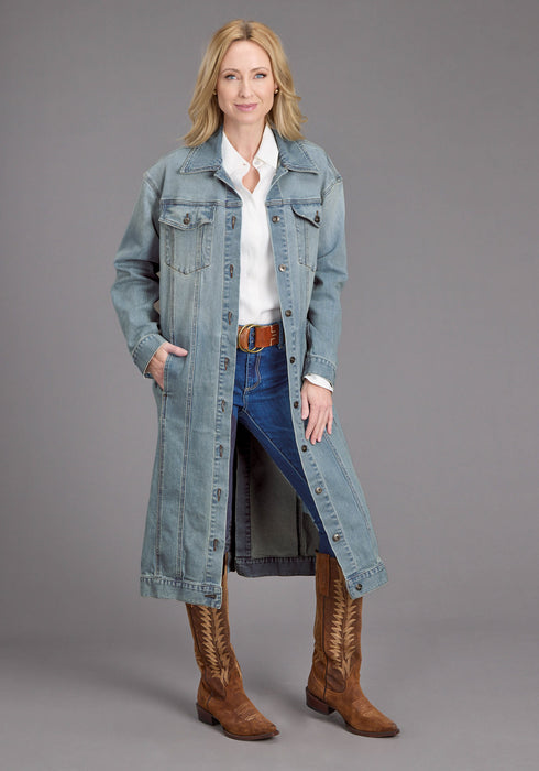 Stetson Womens Long Denim Button Front Blue Cotton Blend Cotton Jacket