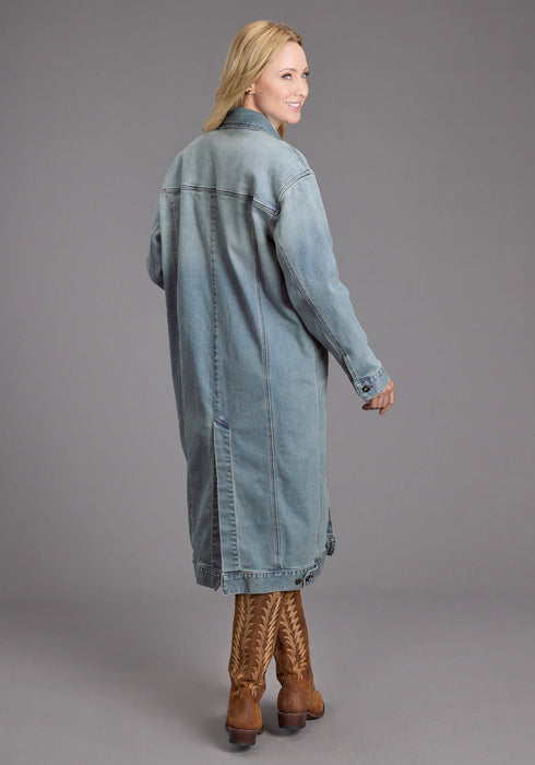 Stetson Womens Long Denim Button Front Blue Cotton Blend Cotton Jacket