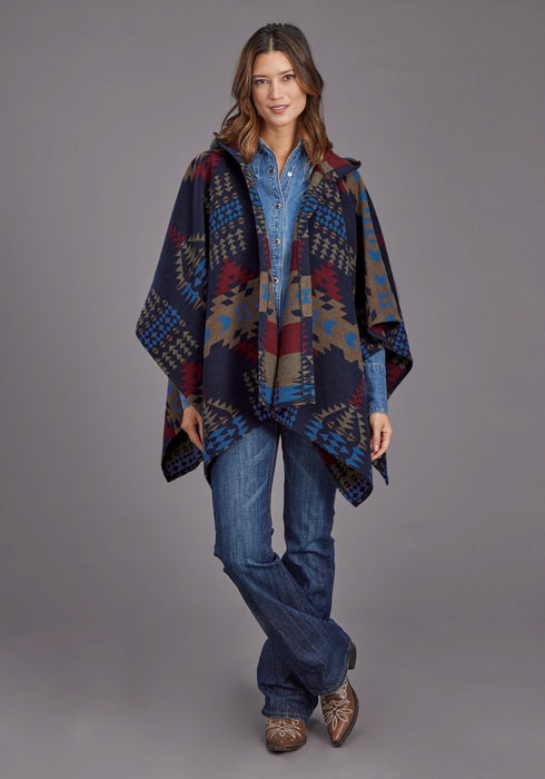 Stetson Womens Aztec Blanket Hooded Blue Poly/Wool Wrap