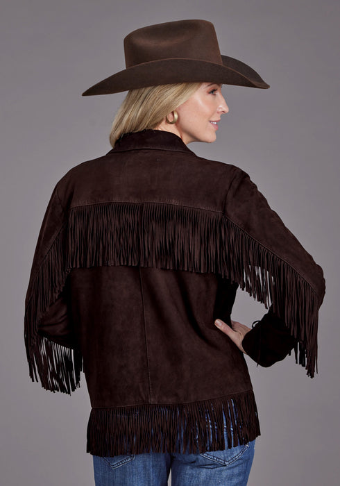 Stetson Womens Hip Length Fringe Dark Brown Suede Leather Jacket