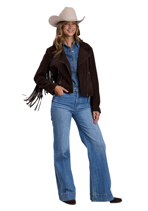 Stetson Womens Moto Style Fringe Brown Suede Leather Jacket