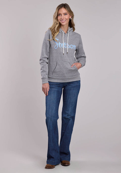 Stetson Womens Light Blue Script Logo Grey Cotton Blend Hoodie