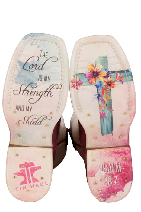Tin Haul Kids Girls Love Jesus Psalm 28:7 Waxy Pink Leather Cowboy Boots