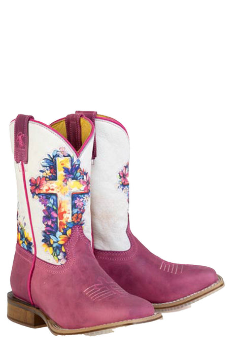 Tin Haul Kids Girls Love Jesus Psalm 28:7 Waxy Pink Leather Cowboy Boots