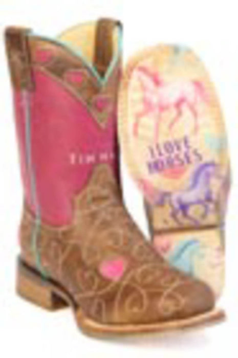 Tin Haul Kids Girls I Love Horses Brown/Pink Leather Cowboy Boots