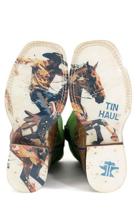 Tin Haul Kids Unisex Gridlock Ride Em Brown/Green Leather 8in Cowboy Boots