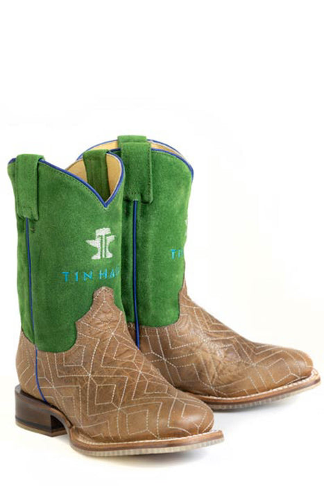 Tin Haul Kids Unisex Gridlock Ride Em Brown/Green Leather 8in Cowboy Boots