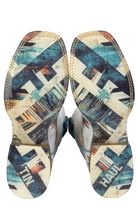 Tin Haul Womens Twisted Aztection White Leather Cowboy Boots