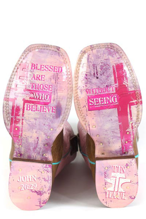 Tin Haul Youth Girls Blessed Angel Wings Pink/Brown Leather Cowboy Boots